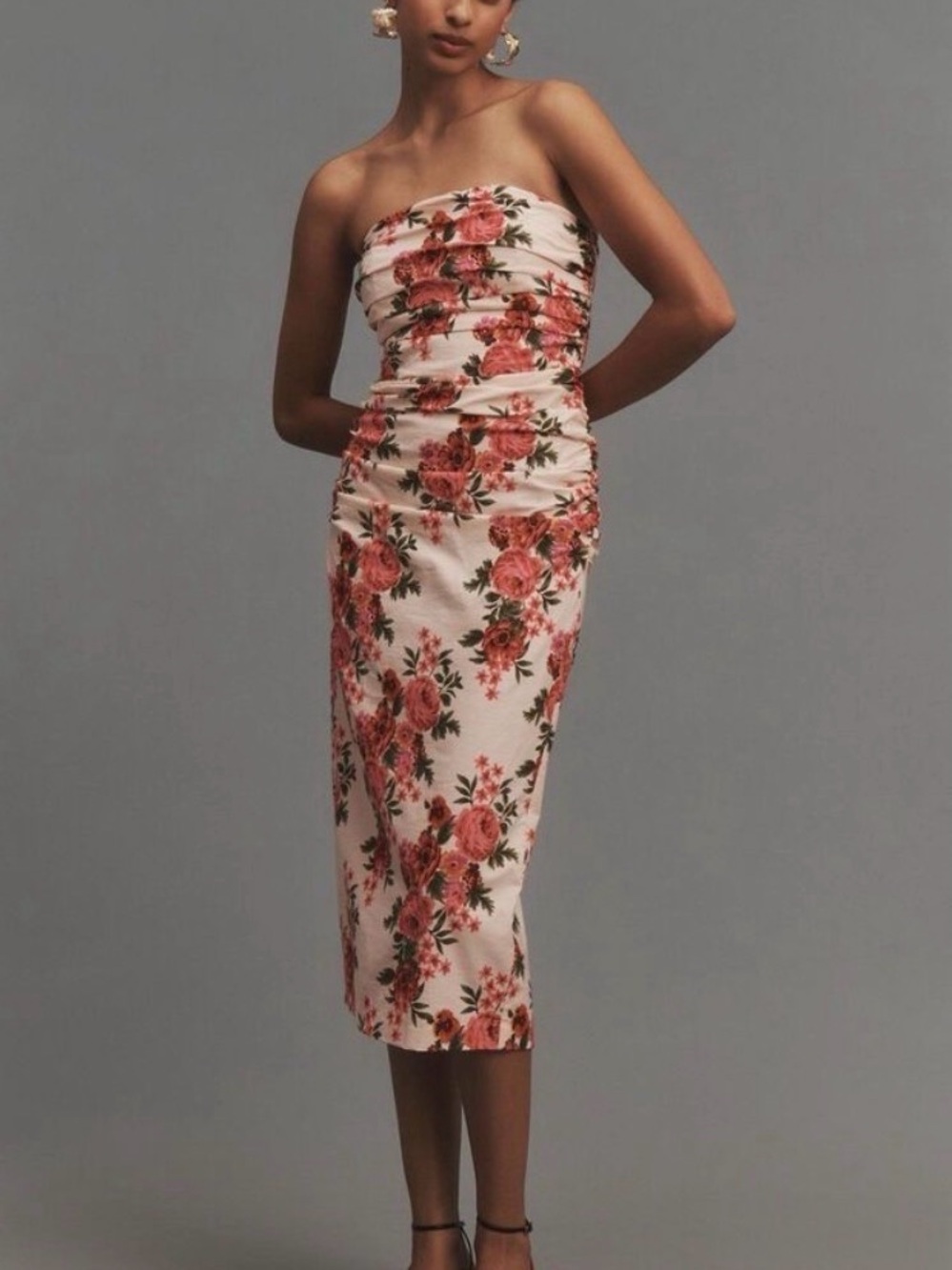 Anthropologie Floral Strapless Ruched Midi Dress in Pink